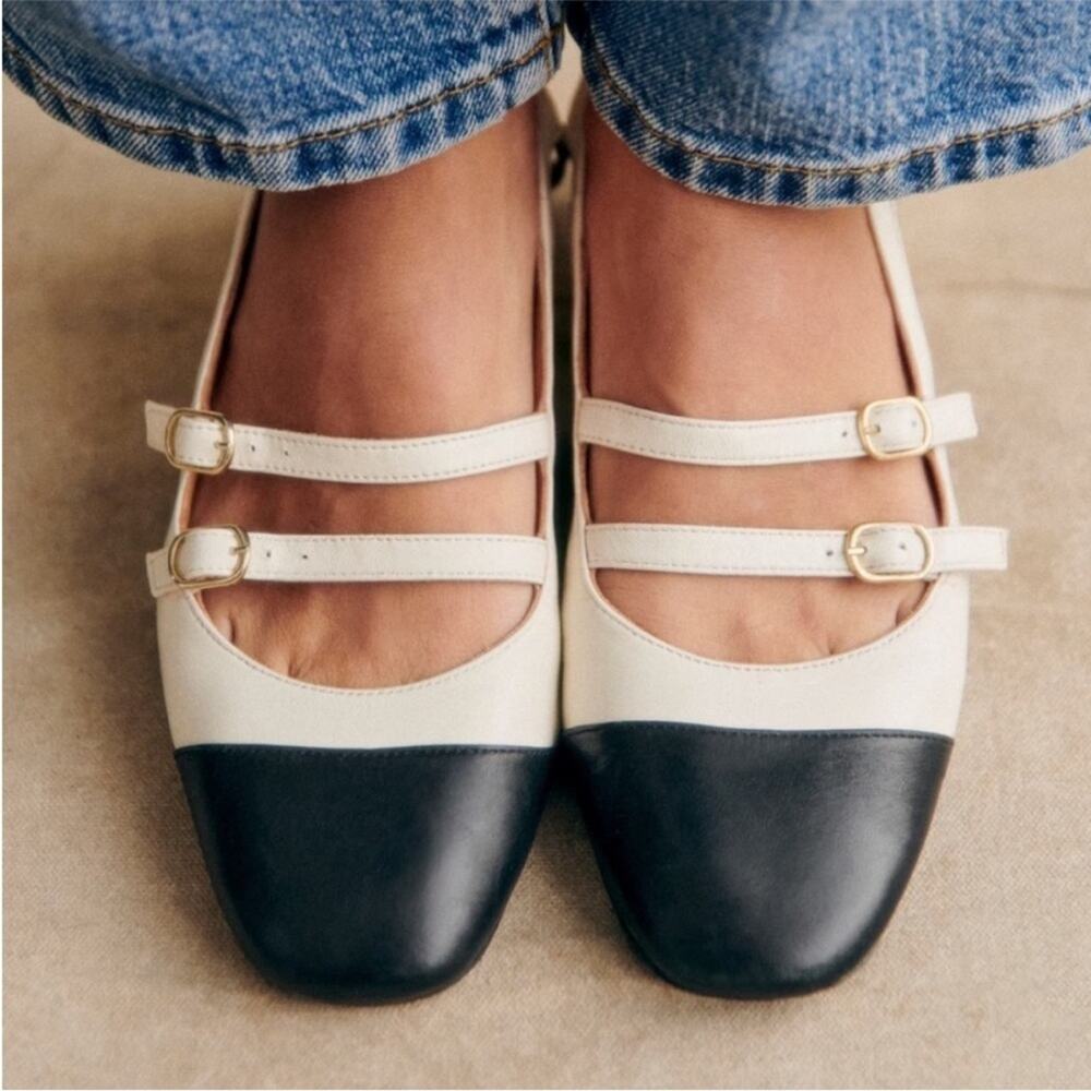 NWB Sezane PAULA BABIES Ecru white Black toe mid-height heels 38 - Picture 2 of 15